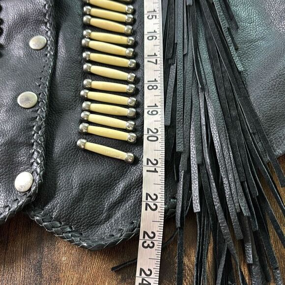 Vtg Tribal America Beads & Fringe Native black leather biker vest XXL - Picture 9 of 10